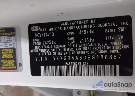 2014 Kia Optima Sxl Turbo из США, поврежденный, VIN 5XXGR4A60EG286887